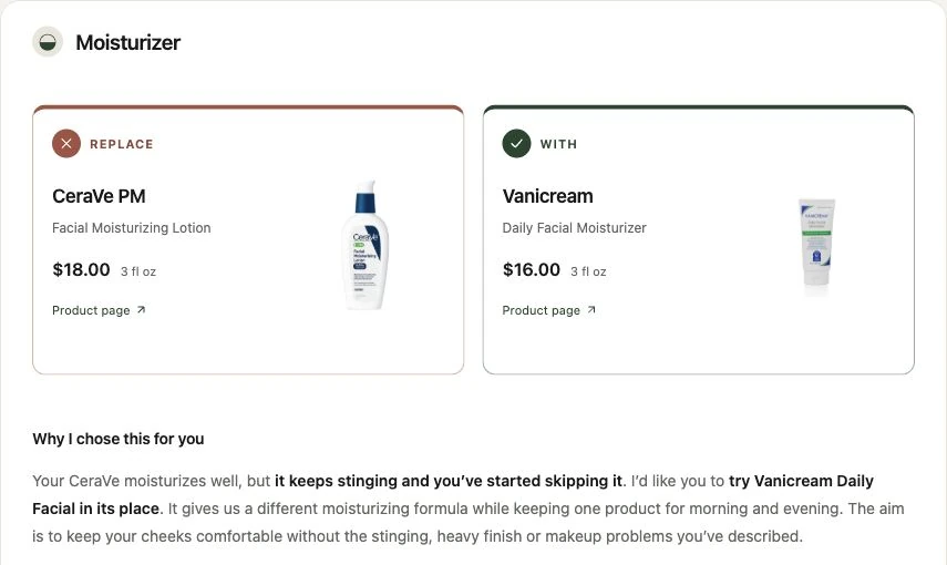 From Alex’s illustrative portal: replace a stinging CeraVe PM moisturizer with Vanicream while keeping the rest steady, with a personal explanation